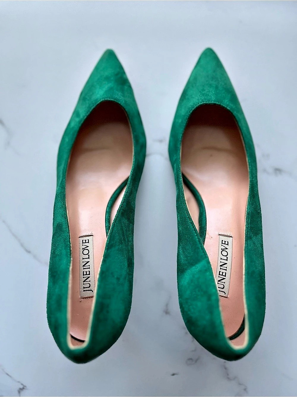 June In Love brand Green Pointed-Toe Suede Heels Like New
